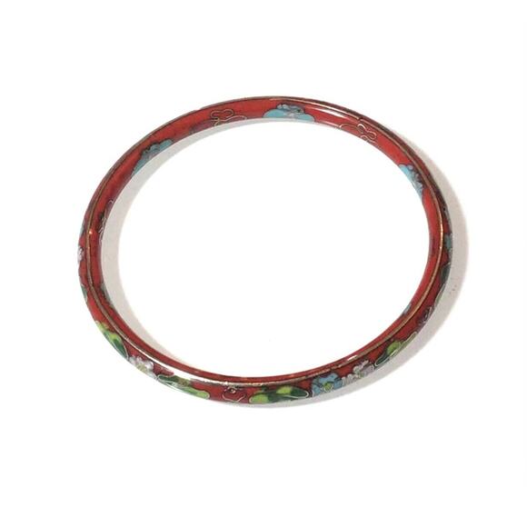 Vintage Cloisonné Bangle Bracelet 7.5" Red Silver Blue Pink Green Ladies Jewelry - Picture 2 of 3